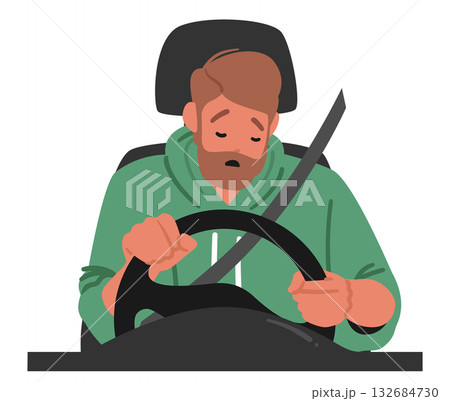Tired car driver character feeling exhaustion sleeping by steering wheel isolated on white Tired car driver character feeling exhaustion sleeping by steering wheel isolated on white 132684730