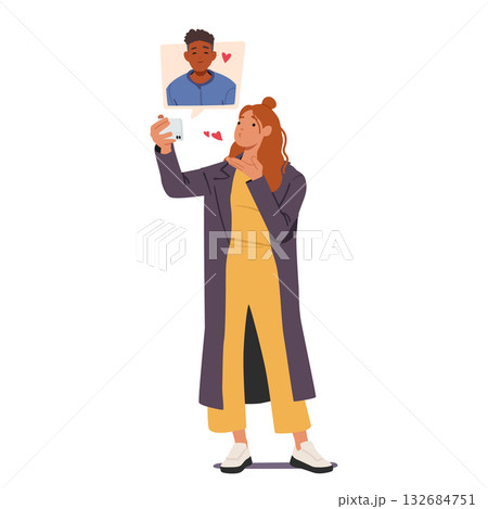 Happy couple characters talking via mobile phone sharing love sending air kiss as romantic gesture 132684751