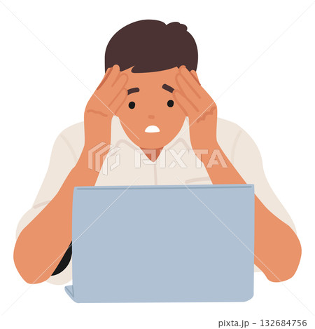 Stressed man cartoon character reading bad news looking at laptop screen isolated on white 132684756
