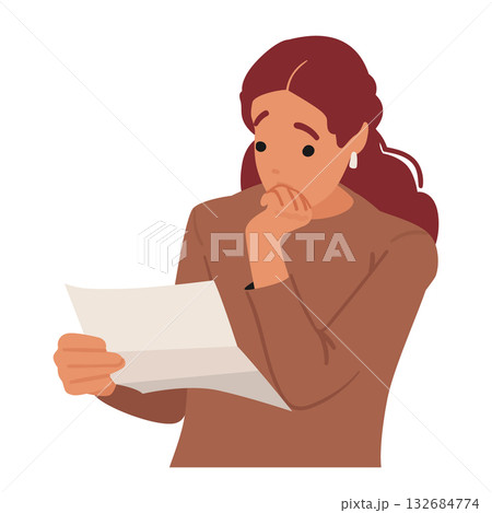 Shocked woman cartoon character feeling intense emotion reading bad news in received paper letter Shocked woman cartoon character feeling intense emotion reading bad news in received paper letter 132684774