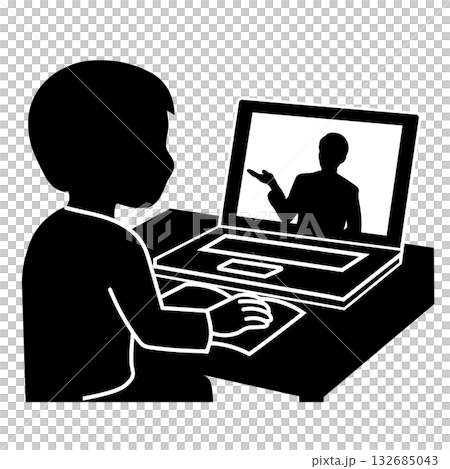パソコンでオンライン学習を受ける人物のシルエットイラスト 132685043