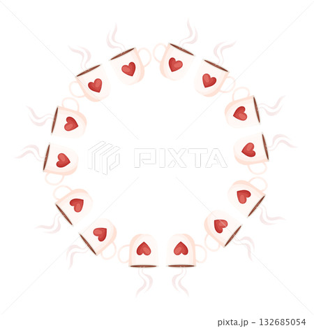 Round coffee cup frame with red hearts and steam 132685054