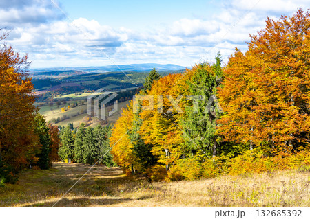 Vibrant fall colors blanket Bukova Hora in Cenkovice. Trees showcase shades of orange and gold against a clear blue sky, inviting outdoor activities in nature. Vibrant fall colors blanket Bukova Hora in Cenkovice. Trees showcase shades of orange and gold against a clear blue sky, inviting outdoor activities in nature. 132685392