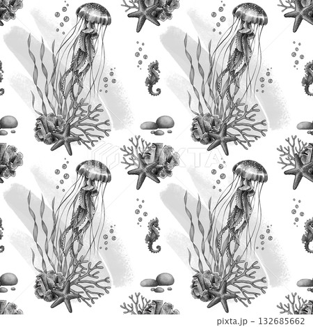 Black and white jellyfish marine pattern 132685662