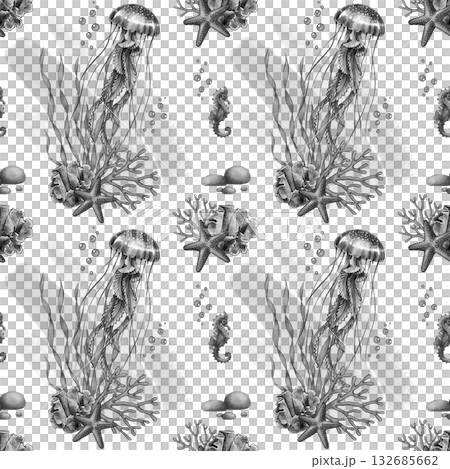 Black and white jellyfish marine pattern 132685662