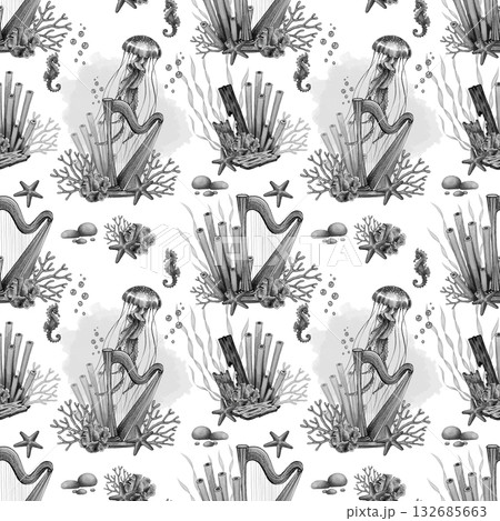 Black and white harp marine pattern 132685663