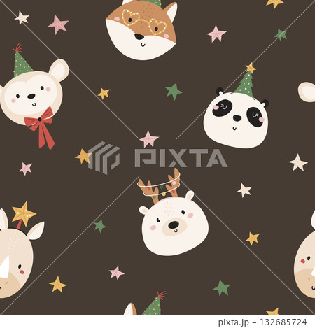 Cute Christmas Animal Heads Seamless Pattern. Festive Fox, Panda, Reindeer, and Monkey in Party Hats and Stars on Dark Background 132685724