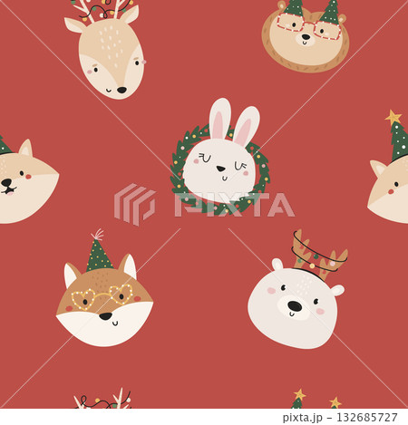 Cute Christmas Animal Heads Seamless Pattern. Festive Deer, Rabbit, Polar Bear, Fox, Wolf on Red Background Cute Christmas Animal Heads Seamless Pattern. Festive Deer, Rabbit, Polar Bear, Fox, Wolf on Red Background 132685727