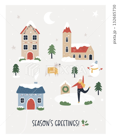 Cozy Winter Village Christmas Greeting Card with Ice Skater, Dog, and Snowman in Scandinavian Style 132685730