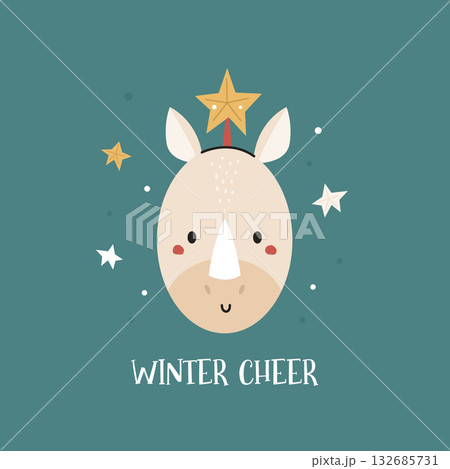 Cute Christmas Rhinoceros Head with Star Topper. Kawaii Winter Animal Graphic on Teal Background. Vector Illustration 132685731