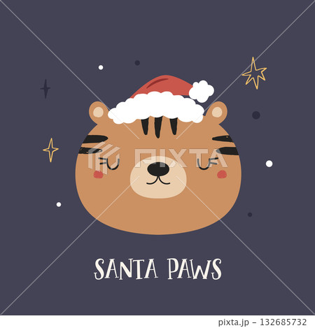 Adorable Winter Holiday Tiger Face. Simple Cartoon Wild Cat Design for Greeting Card, Sticker, or Festive T-shirt Print 132685732