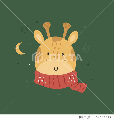 Cute Christmas Giraffe Head in Red Scarf. Kawaii Wild Animal Vector Illustration with Stars and Moon on Dark Green Background 132685733
