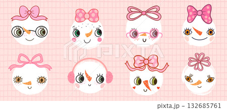 Cute snowmen vector faces with bows, quirky winter characters with mouths and eyes for Christmas greeting cards and designs 132685761