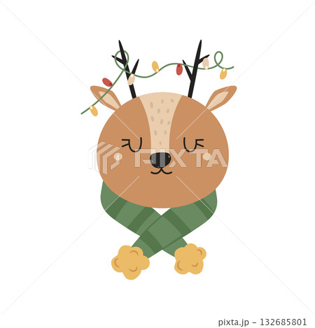 Cute Sleeping Reindeer Head in Scarf with String Lights on Antlers. Winter Animal Graphic on White Background 132685801