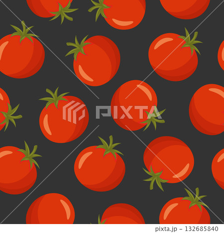 Tomato Seamless Pattern, Vector Illustration. Red Tomatoes on Black Background. Repeat Tile for Kitchen Design, Tomato Wallpaper, Textile, Packaging, Wrapping Paper, Fabric Tomato Seamless Pattern, Vector Illustration. Red Tomatoes on Black Background. Repeat Tile for Kitchen Design, Tomato Wallpaper, Textile, Packaging, Wrapping Paper, Fabric 132685840