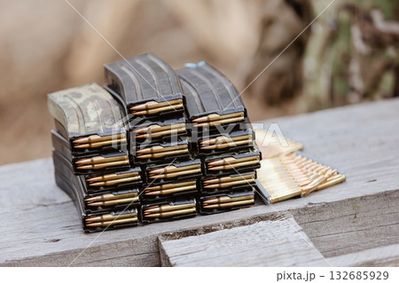 A stockpile of ammunition. Concept for strategic readiness, modern defense, and security operations A stockpile of ammunition. Concept for strategic readiness, modern defense, and security operations 132685929