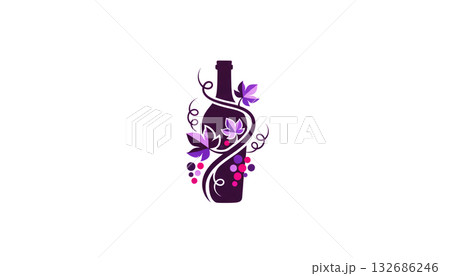 Logo illustration of a wine bottle, grapes, and vines 132686246
