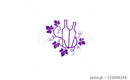 Logo illustration of a wine bottle, grapes, and vines 132686248