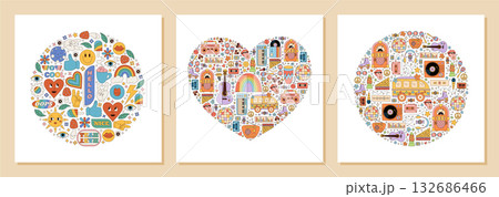 Groovy retro funky sticker set with heart, circle, and rainbow shapes in colorful y2k style. Background filled with smile, music, and pop elements. Trendy collection for playful modern dcor. 132686466