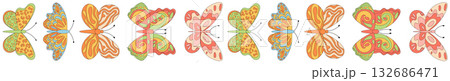 Groovy retro butterfly seamless border pattern in colorful orange forms the main visual in funky spring style. Pattern blends flower and y2k elements for a bright, vintage look, perfect for summer 132686471