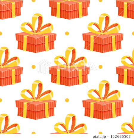 Seamless cartoon gift box pattern featuring vibrant ribbon and bow. Presents and surprises for celebration or birthday. Colorful holiday decor, ideal for wrapping event themes. Festive cheerful style 132686502
