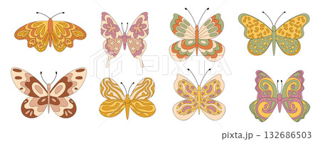 Groovy retro butterfly set in flat doodle style. Funky and colorful pattern as abstract groovy element with flower and yellow shape for nature theme. Vintage y2k, playful, trendy collection. 132686503