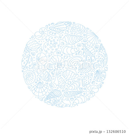 Circular underwater design with a marine concept. Round composition features seashells, ocean doodle swirls, and aquatic elements. Ideal for sea backgrounds or creative marine life patterns. 132686510