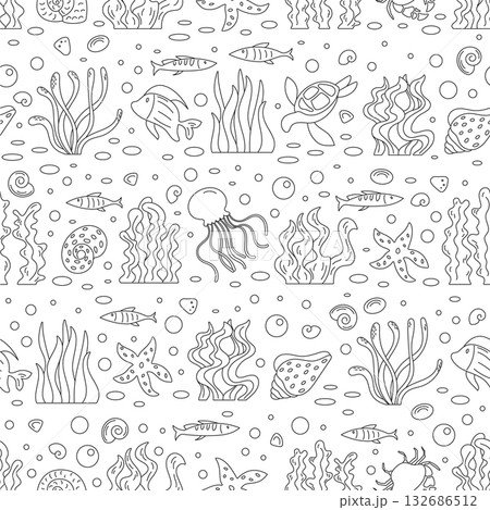 Seamless cartoon underwater fish pattern in outline style. Ocean reef plants, aquatic creatures, and marine shapes create a doodle background. Abstract aquatic texture with marine life forms. Seamless cartoon underwater fish pattern in outline style. Ocean reef plants, aquatic creatures, and marine shapes create a doodle background. Abstract aquatic texture with marine life forms. 132686512