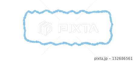 Blue crayon rectangle with squiggle outline frame and organic box form. Simple sketch textbox border as playful background for text. Blank template with artistic texture and hand drawn style. 132686561