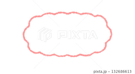 Groovy crayon scallop rectangle border outline in playful retro style. Hand drawn doodle frame with chalk texture creates a y2k background and label for modern graphic projects. 132686613