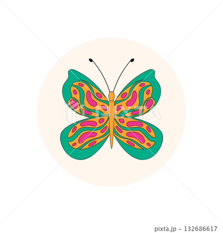 Colorful groovy butterfly with retro shapes spreads across a round sticker. This package lid seal brings y2k circle style and cheerful design for artistic seal label or modern product accent. 132686617