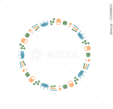 Flat round frame with gym and fitness gear. Pattern featuring equipment like dumbbells, kettlebells, and mats. Ideal for sport visuals, healthy lifestyle themes, workout training banners. 132686651