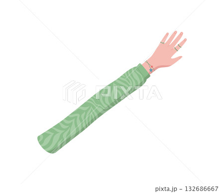 Flat colorful human hand Open with open fingers. Vibrant arm making a symbolic gesture. Creative and abstract style, perfect for banners, posters, and concepts. Flat colorful human hand Open with open fingers. Vibrant arm making a symbolic gesture. Creative and abstract style, perfect for banners, posters, and concepts. 132686667