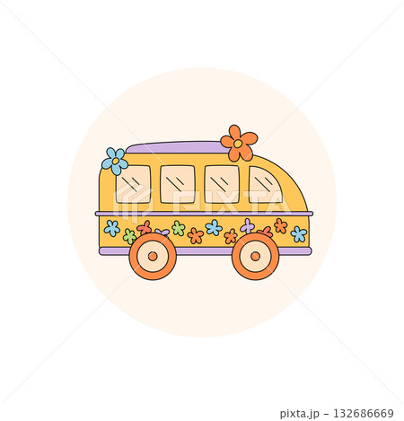 Groovy hippie van sticker with colorful label circle and orange flower, retro cartoon illustration. Funky y2k package lid, music vibe and abstract retro style, perfect for package or label. 132686669