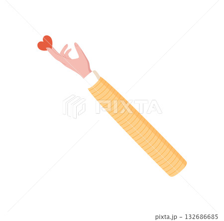 Flat hand holding a red heart, representing charity and love. Symbol of give and aid, emphasizing support gesture. Creative design for nonprofit aid concepts. 132686685