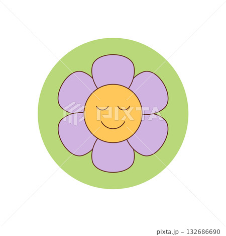 Groovy retro flower smiley sticker in cartoon circle with happy and cute yellow face. Fun y2k style groovy element, perfect as package or box seal and playful pop accent for vintage appeal. 132686690