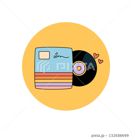 Groovy retro vinyl box sticker label with colorful yellow circle and y2k logo. Modern music package with seal and lid, playful graphic trendy record emblem for pop branding applications. 132686699