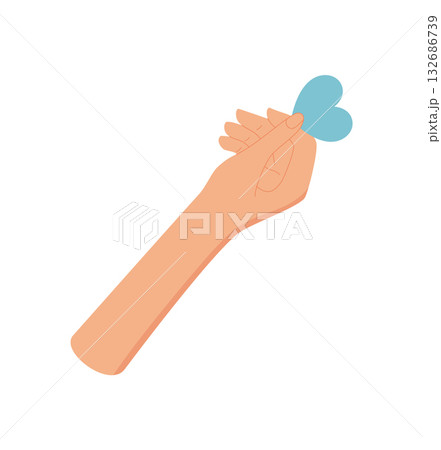 Flat hand holding a heart symbol in colorful abstract style. Gesture of love and charity emphasizing support, aid, and giving. Ideal for social human connection themes. Flat hand holding a heart symbol in colorful abstract style. Gesture of love and charity emphasizing support, aid, and giving. Ideal for social human connection themes. 132686739