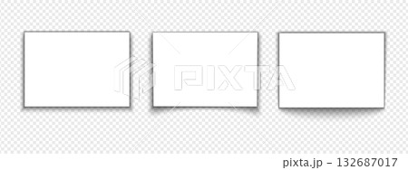 Set of horizontal A4 sheets of paper with shadows isolated on transparent background. Blank white page, card or banner templates. Photo or picture canva mockups. Vector realistic illustration 132687017