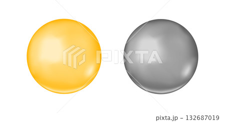 Gold and silver bubbles isolated on white background. Round oil drops. Plastic or metallic orange and grey balls. Omega 3 or 6, collagen, vitamin D pills. Pearl or bead. Vector realistic illustration 132687019