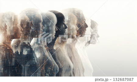 多様な人々が繋がる抽象的なシルエット - インクルージョンとグローバルな調和の概念図 132687087