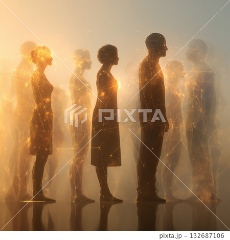 多様な人々が繋がる抽象的なシルエット - インクルージョンとグローバルな調和の概念図 132687106