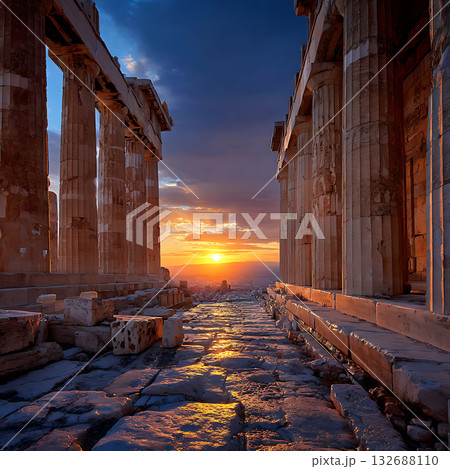 夕日に照らされるアテネのパルテノン神殿 132688110