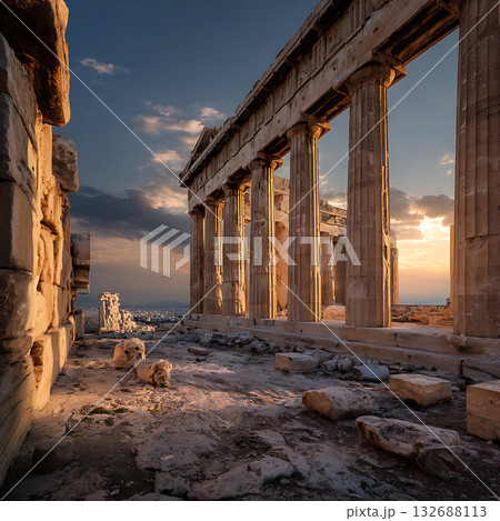 夕日に照らされるアテネのパルテノン神殿 132688113