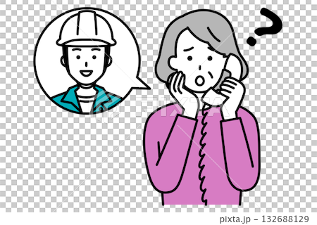 作業員に電話で相談する年配の女性 作業員に電話で相談する年配の女性 132688129