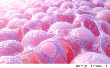 Pink-toned, close-up image shows a biological structure resembling cells connected by a network of thin 132688201