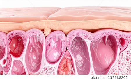 The image is a close-up, artistic render of a cross-section of skin showing the epidermis and subcutaneous The image is a close-up, artistic render of a cross-section of skin showing the epidermis and subcutaneous 132688202