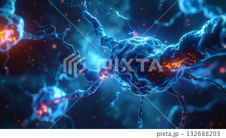 The image showcases a digital rendering of neurons, highlighting the central nervous 132688203