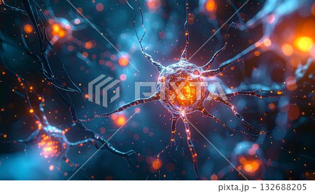 The image shows a neuron, part of the nervous system, firing with brightly colored electrical 132688205
