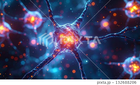 The image shows a close-up of neurons, glowing with orange and blue light against a dark, defocused The image shows a close-up of neurons, glowing with orange and blue light against a dark, defocused 132688206